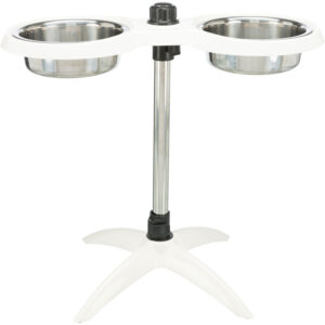 Soporte Comedero Perros, de altura ajustable, Melamina/Acero Inox, 2 × 2.4 l/ø 25 cm, Blanco