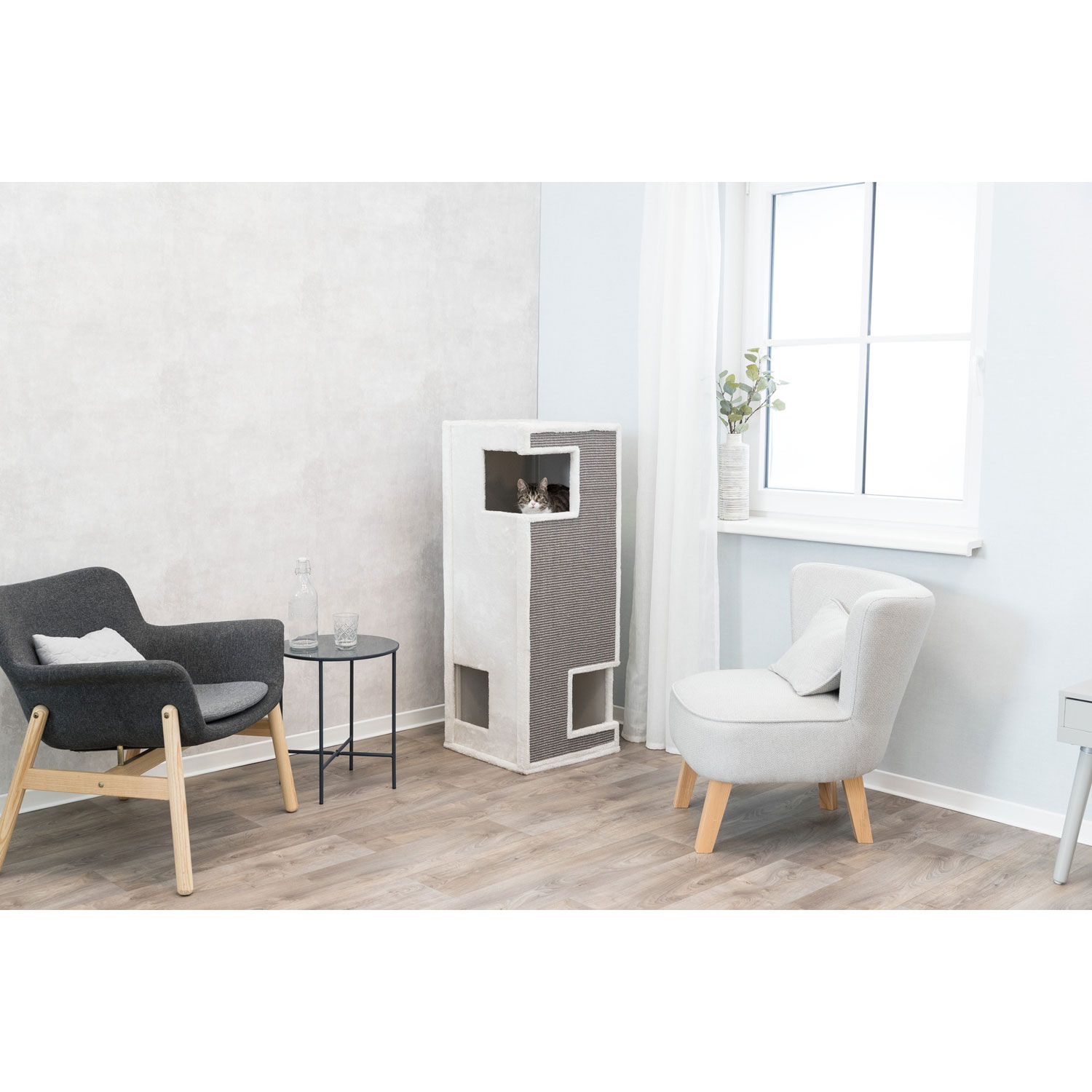 Torre Rascador Gerardo, sisal y felpa, 100 cm, Blanco-Gris - Imagen 9